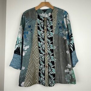 Citron Santa Monica Teal Floral Leaf Print Patchwork Silk Blend Blouse